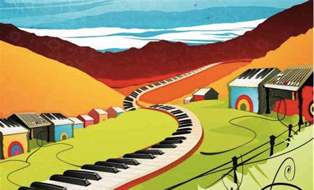 colorful landscape with piano keyboard road